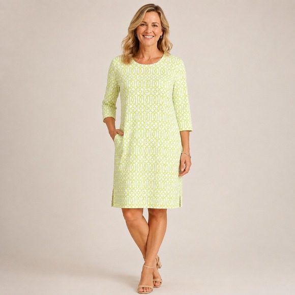 Lulu-B Dresses & Skirts - Lulu-B Lime Green Geometric Trellis Print 3/4 Sleeve Pocket Shift Dress XL